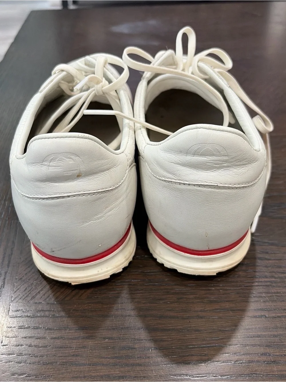Gucci White Leather Low-Top Sneakers with Red & Blue Web